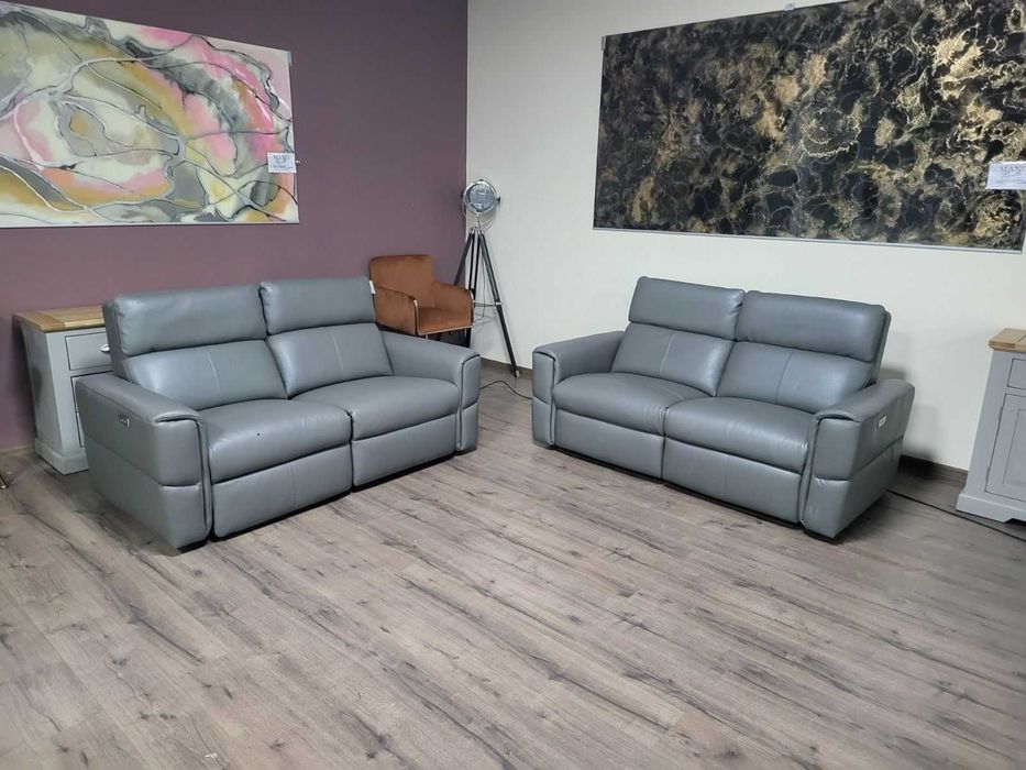 Сив кожен комплект дивани две двойки с електрически релакс механизъм