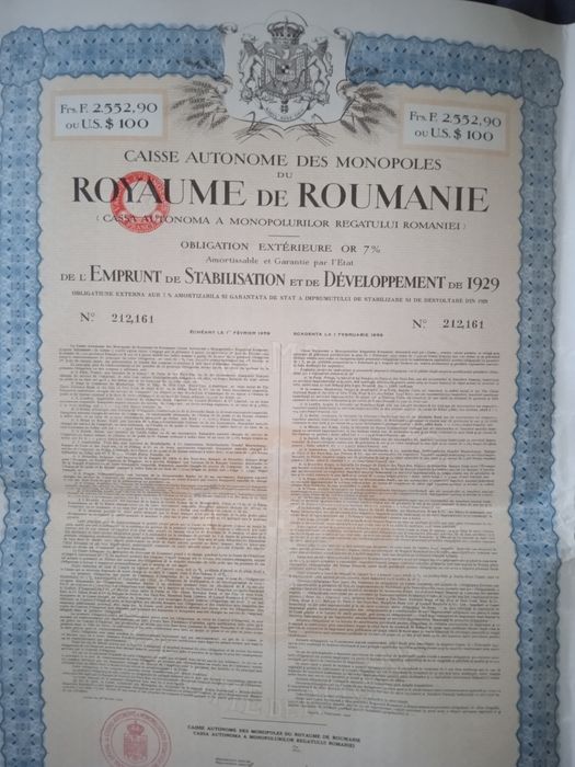 2552 Franci Aur 1929 Titlu de Stat Royaume Roumanie  obligatiune bond neincasate cu cupoane si dobanda