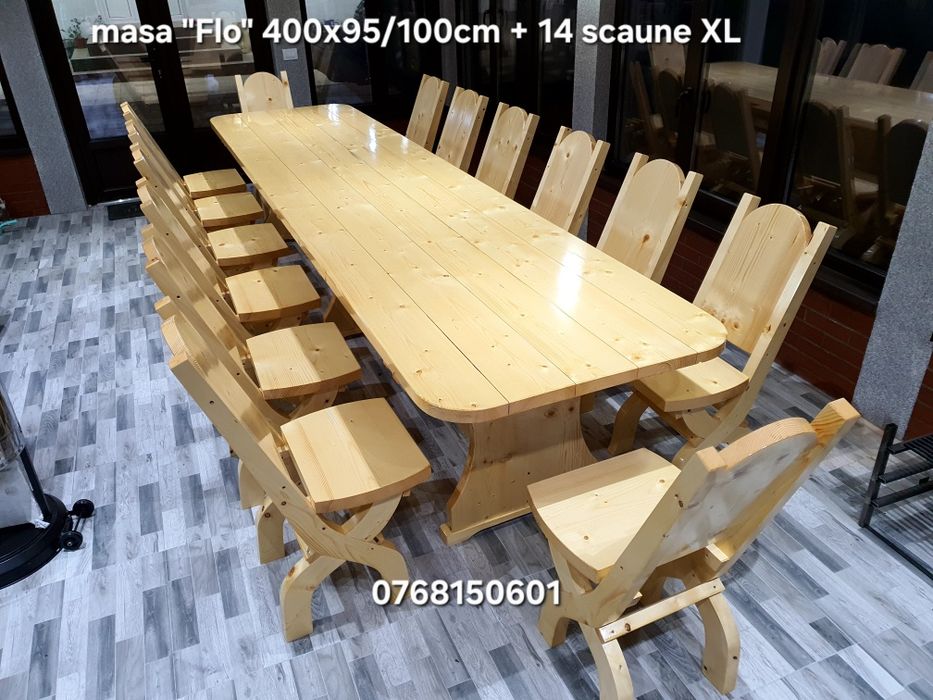 Masa cu  14 sau 16  scaune . Mobilier rustic . Mese si scaune. Masa 4m