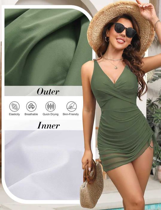 Дамски цял бански с дълбоко V-деколте и оформящ ефект – зелен, S