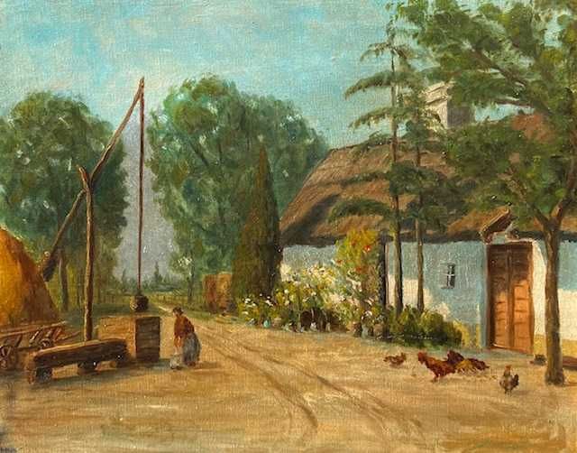 ”La fântână” Tablou foarte vechi, ulei/pânză, semnat. 60x50cm