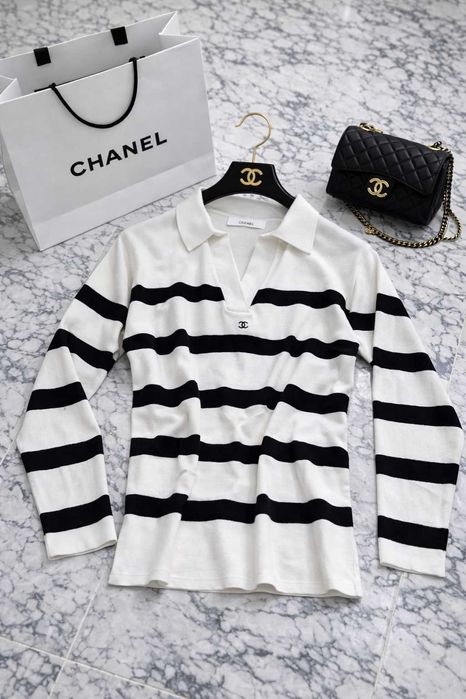 пуловер бял рае шанел черно бял chanel с яка плетен блуза ръкав дълъг