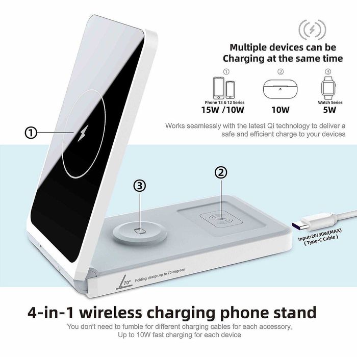 4 в 1 сгъваемо безжично зарядно устройство с огледало за грим, 15w