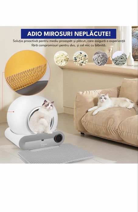Litiera automata pentru pisica / pisici , auto-curatare, elimina mirosurile, aplicatie mobila, capacitate 9l, sterilizare IV, alb