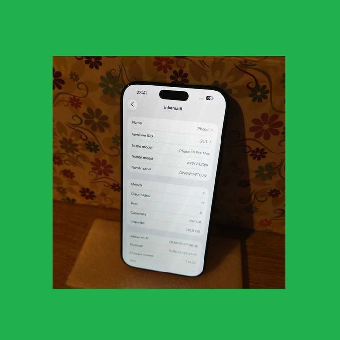 Telefon Apple iPhone 16 PRO MAX 256GB Blue Titanium - Baterie 96%