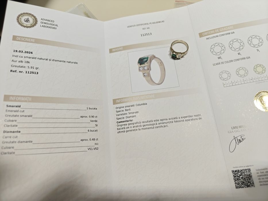 Inel vechi aur 18 smarald Columbia diamante certificat