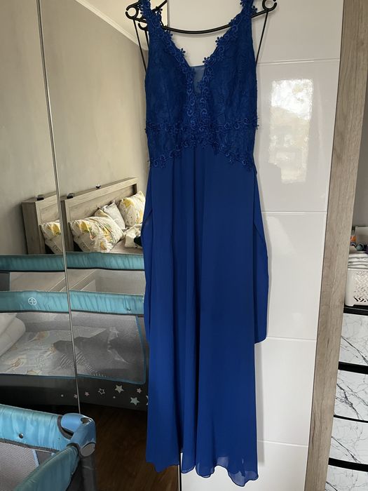 Официална дълга тъмно синя рокля расмер С/М
