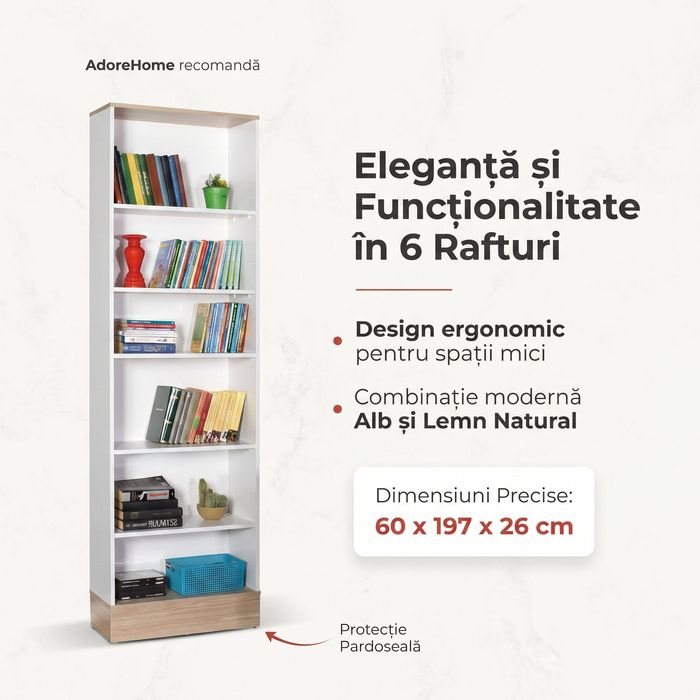 Bibliotecă Adore Base cu 6 Rafturi, Alb, 60x197x26 cm - Alb
