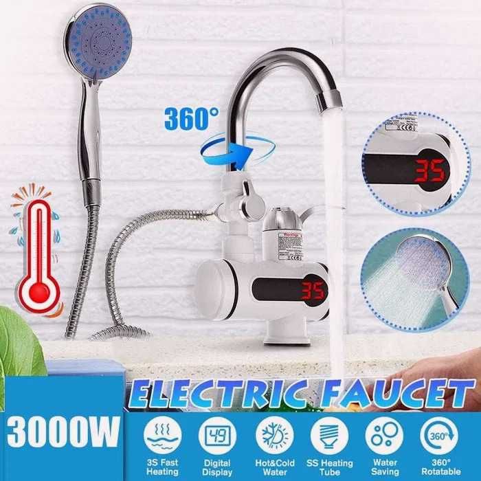 НОВ Проточен Нагревател за Вода НА ТОП ЦЕНА, 3 000W, LED ДИСПЛЕЙ, Хоризонтален/вертикален монтаж, Опция за Душ слушалка и шлаух