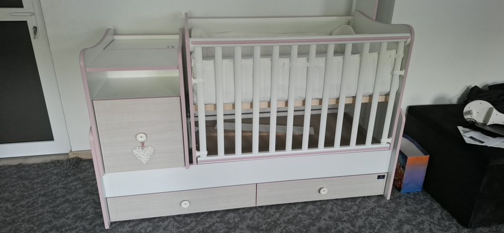 Patut Bebe Lorelli Classic Trend Plus, 167 x 72 x 105 cm, transformabil, White Pink Crossline