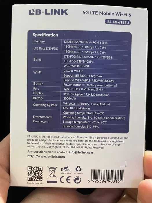 4G Wi-Fi Modem LB LINK BL-MF618EU 4G LTE Mobile Wi-Fi 6