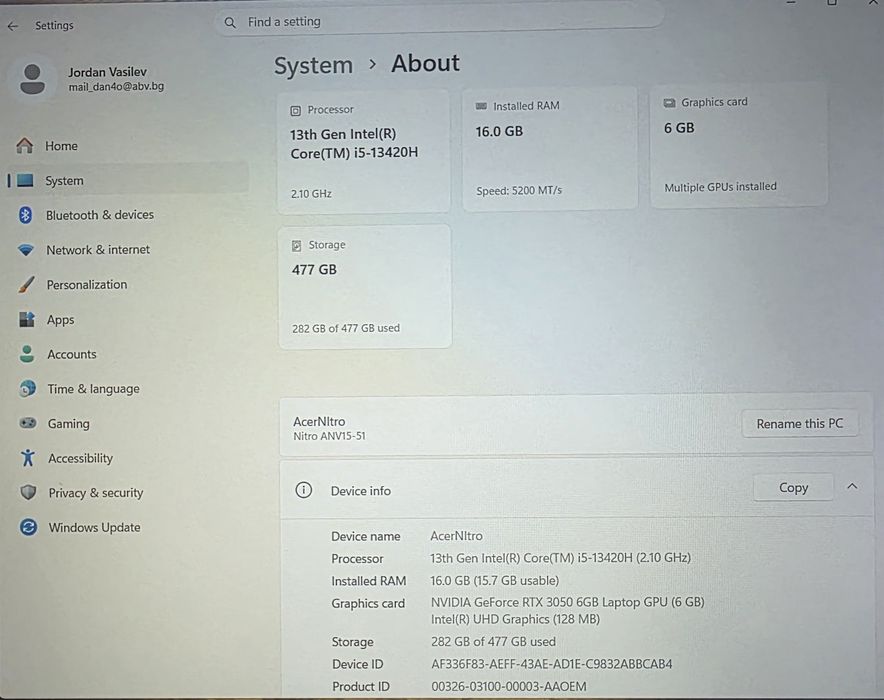 Acer Nitro V15 RTX 3050 6gb RAM 16 DDR5