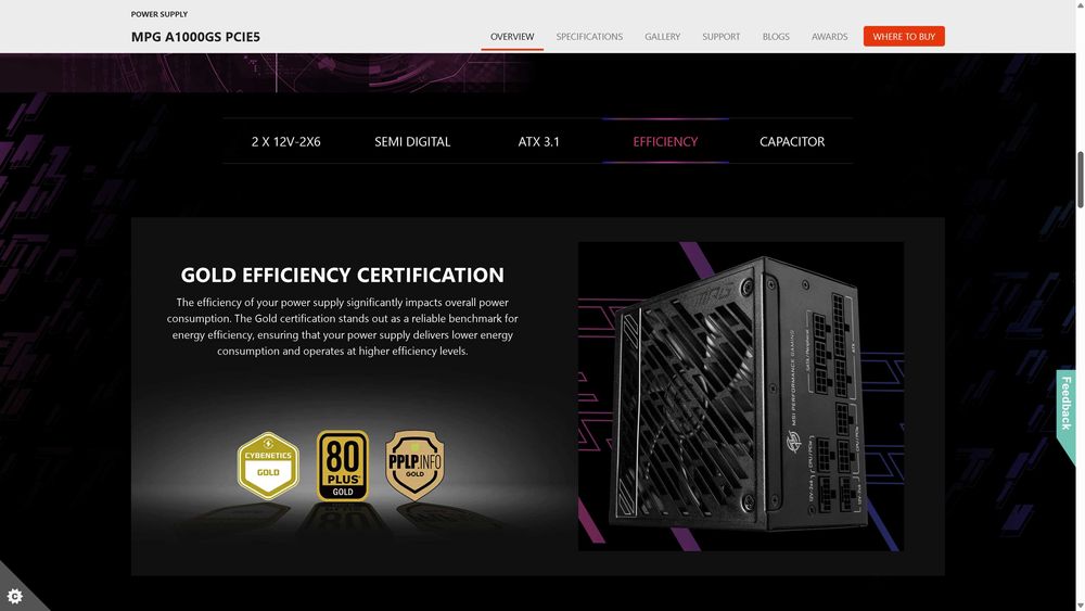 Новый блок питания MSI MPG A1000GS PCIE5 1000W. 80 Plus Gold, ATX 3.1