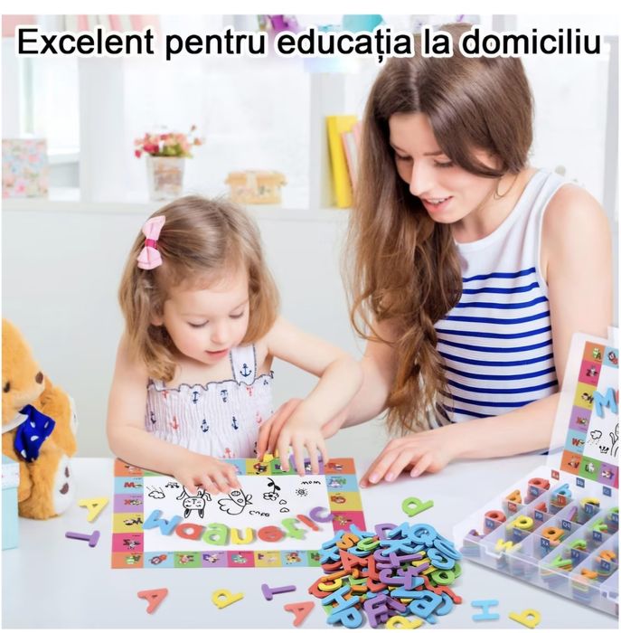 Set piese alfabet magnetice, 1 tabla magnetica vu doua fete si cutie d