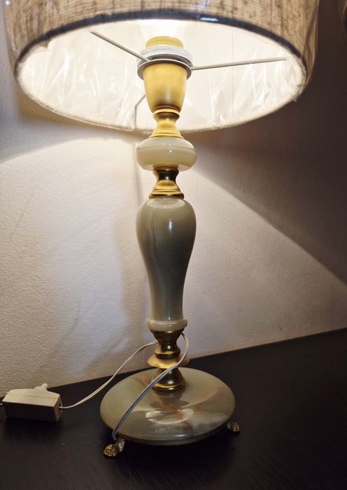Lampă veioză de masă din alamă și marmură/onix, design vintage din anii '40, 47cm.