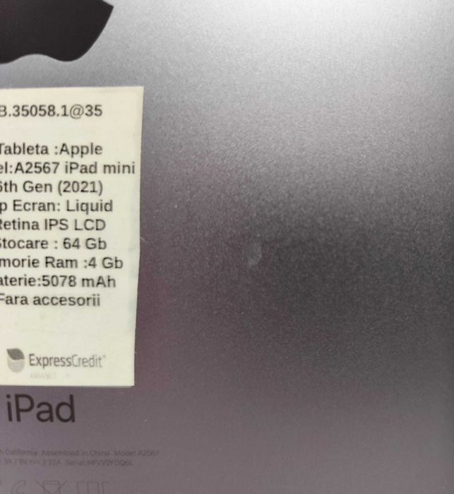 (AG35 B.35058)Tableta Apple A2567 iPad  mini 6th Gen (2021)-1500 Lei Garantie 2 Ani!
