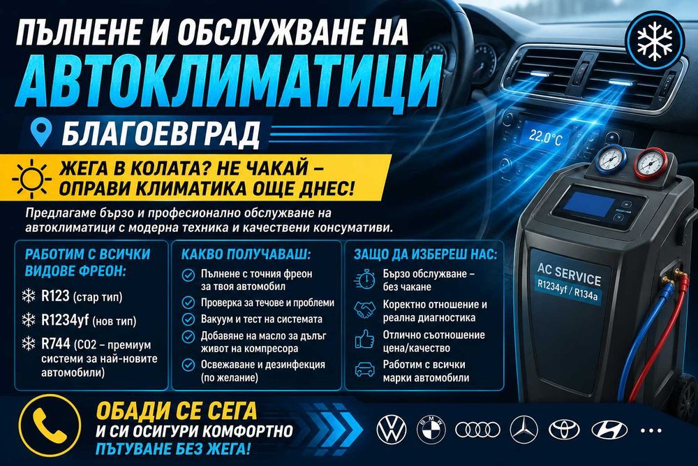 Пълнене на автоклиматици с фреон R123, R1234yf и CO2 (R744) – Благоевград