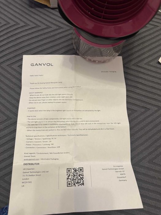 Lampă anti țânțari USB — Ganvol, fără substanțe chimice, nouă