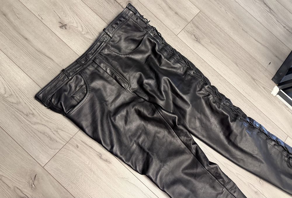Pantalon moto piele chopper cu snur lateral
