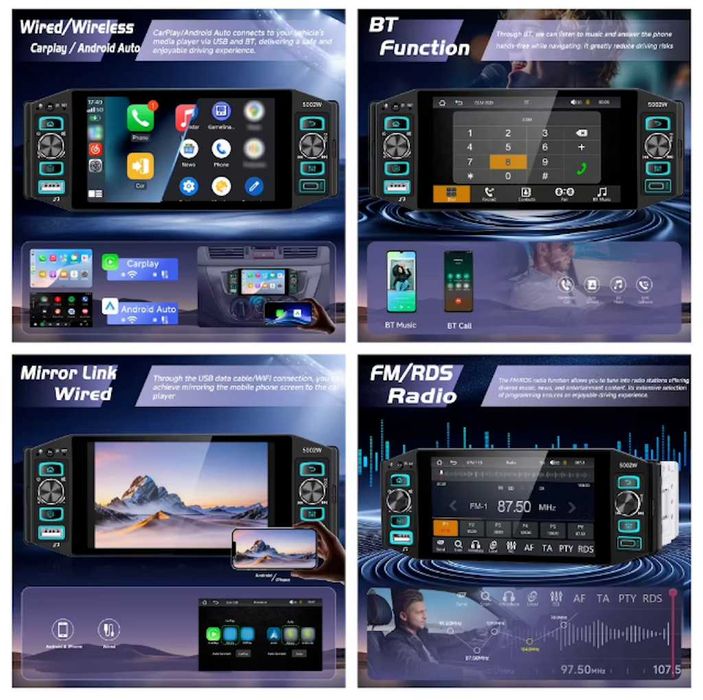 Универсална Мултимедия за Кола 1 DIN с CarPlay и Android Auto (5" Екран)