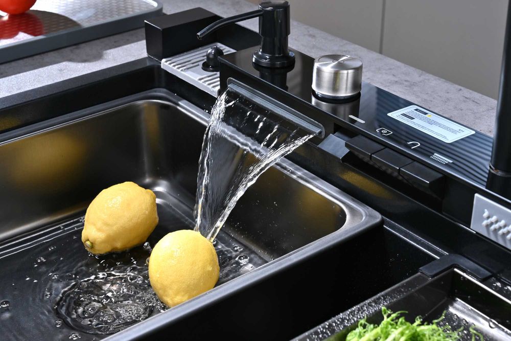 Черна гранитна мултифункционална кухненска мивка с двоен водопад