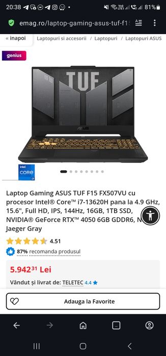 Laptop Gaming ASUS TUF F15 FX507VU – NOU– i7-13620H / RTX 4050 6GB