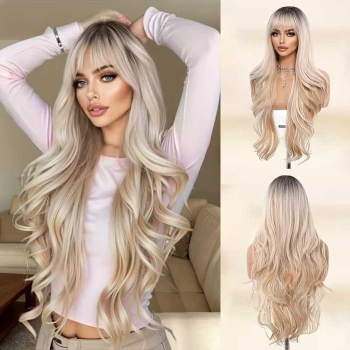 Ефектна 76 см руса перука с омбре преливане и тъмни корени, с бретон