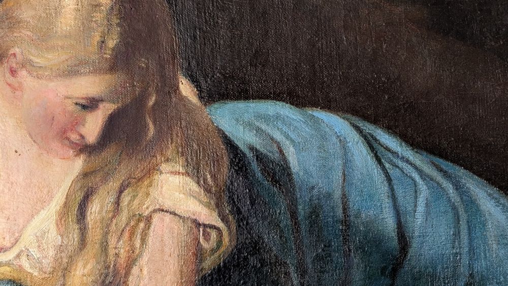 Rama veche, de calitate continund o copie de ulei pe panza (litografie veche) 107 x 65 cm, rama foarte interesanta, Maria Magdalena pocaind