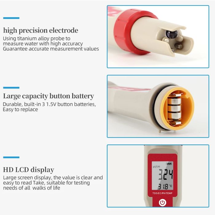 Сифатли сув – соғлом ҳаёт: Инновацион 4-таси 1-да: TDS/EC/PH/TEMP Метр