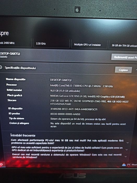 Asus FX503V, I5 7300HQ, GTX 1050, 16GB RAM