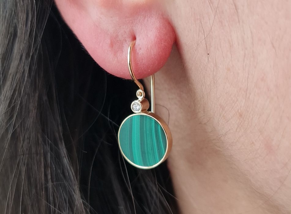 Cercei aur 14k diamante malachit natural