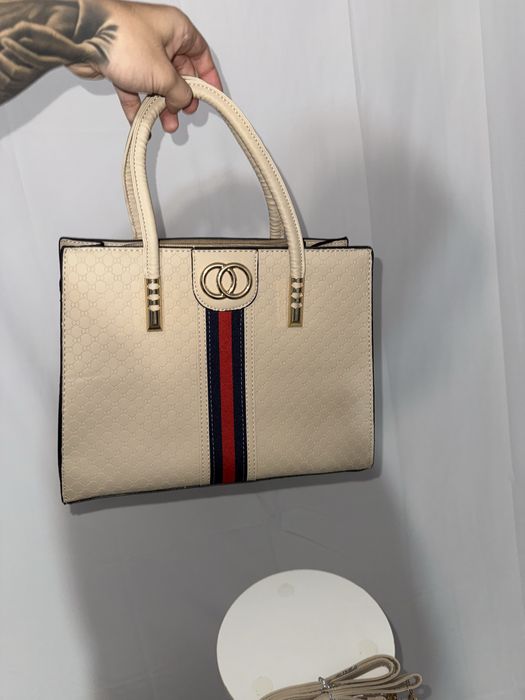 Geanta piele naturala bej cu portofel