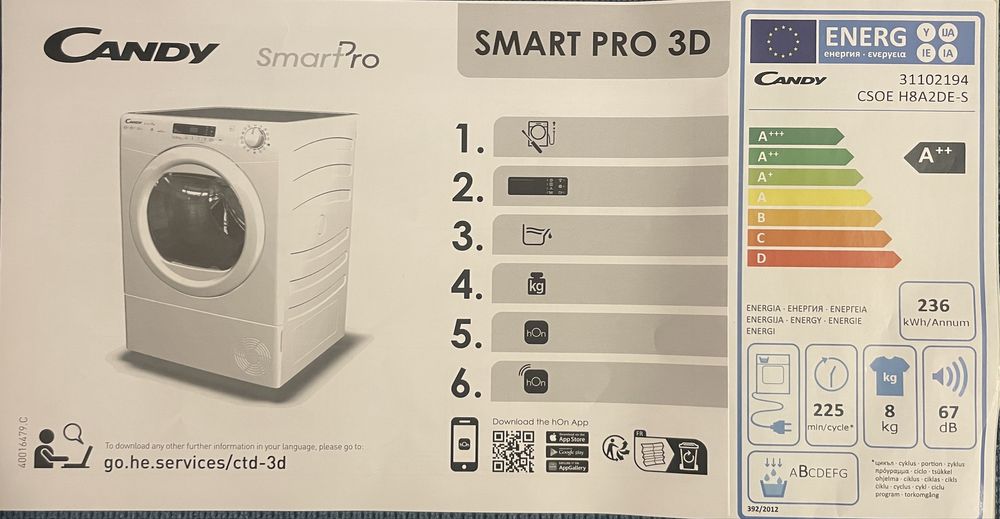 Uscator de rufe CANDY Smart PRO 3D