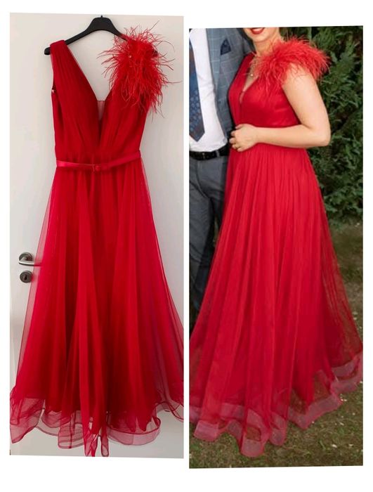 Rochie rosie cu voal si pene