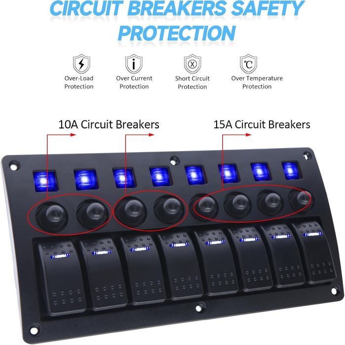 8-Канален Водоустойчив Панел с Превключватели 12V/24V за лодки, кемпер