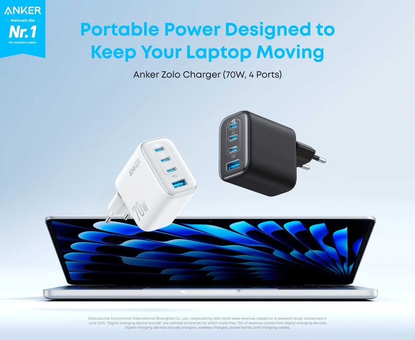 Anker Zolo Charger 70W USB-C и USB-A зарядно за 220V, с 4 извода