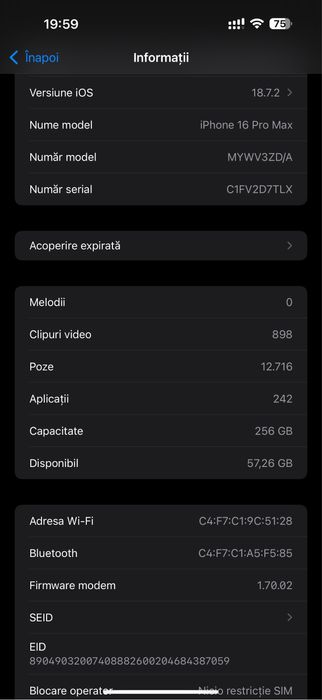 iPhone 16 Pro Max – 256 GB – 93% Baterie – iOS 18.7.2 – Full Box