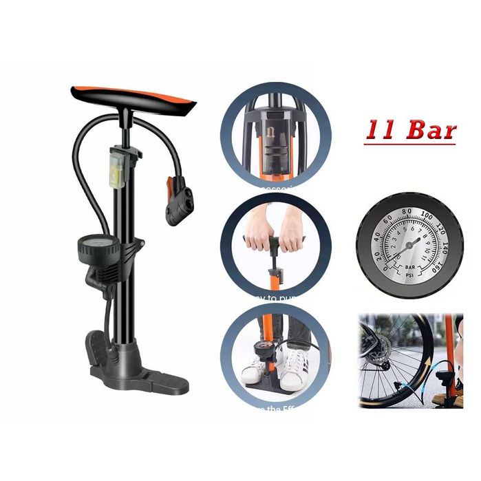 Ръчна помпа с манометър MARTAR, Стоманена, Сгъваема, 11 Bar / 160 PSI