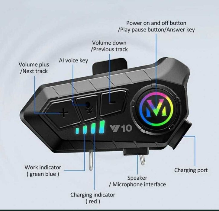 Handsfree Bluetooth Y10 pentru casca moto, Bluetooth 5.3, rezistent la apa, microfon soft, montare cu cleme si pad-uri, negru