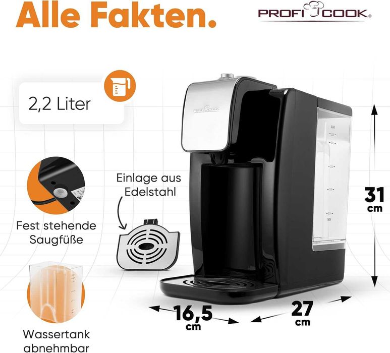 ProfiCook PC-HWS 1168 Високоскоростен диспенсър за вода, 100°C за приблизително 3 секунди, променлива температура от 45°C до 100°C, капацитет до 2,2l