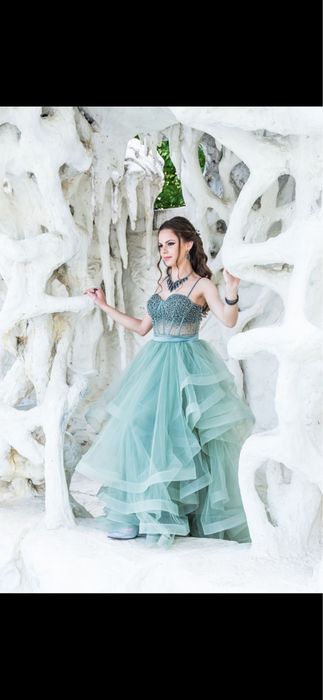 Официална тюлена рокля цвят мента + бижута – XS/S