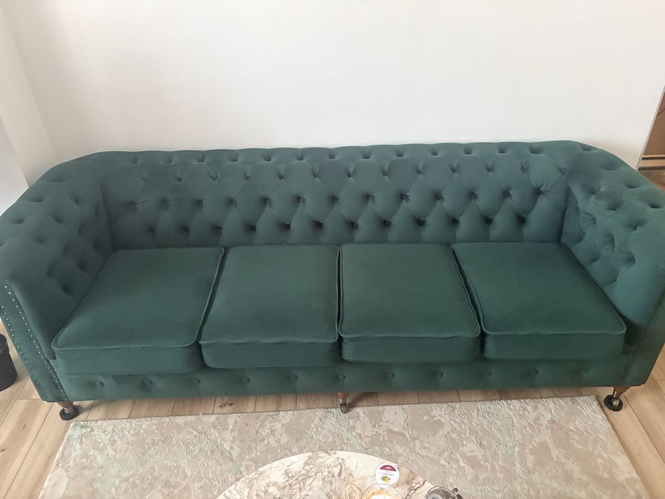Vand Canapea Chesterfield verde smarald – catifea premium – 2,40 m