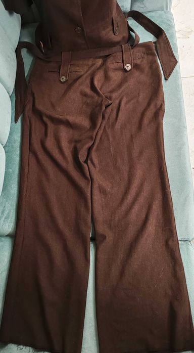 Set compleu (co-ord) culoare maro ciocolatiu, din in - jachetă și pantaloni - Politex, Mărimea 44