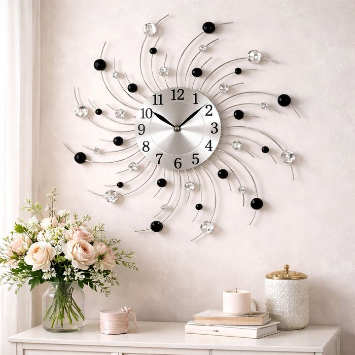 Стенен часовник с кристали , 50 см, Кварцов механизъм, Безшумен