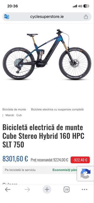 Bicicleta electrica full suspension carbon CUBE  Stereo Hybrid 160 HPC SLT 750