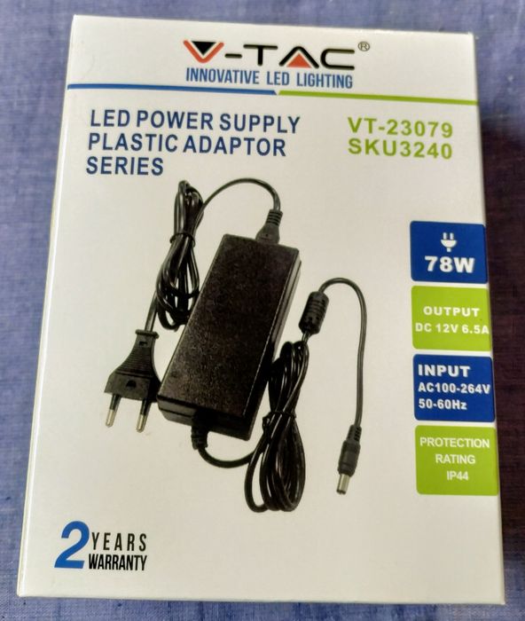 V-TAC LED захранване (адаптер) 78W, 12V, 6.5A, IP44 модел VT-23079, SKU 3240