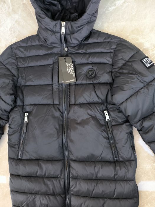 Plein Sport Padded Small Circular Logo Branded Grey Long Jacket