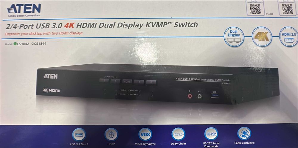 Aten KVM Switch 2-Port USB 3.0 4K HDMI Dual Display CS1842