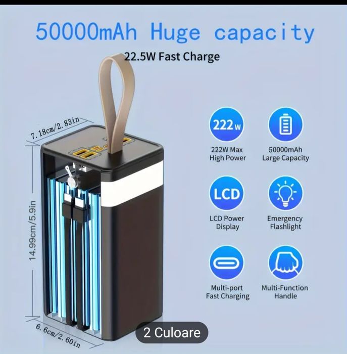 Baterie portabilă de 50000mAh, încărcare rapidă PD 3.0 de 22,5W, stați