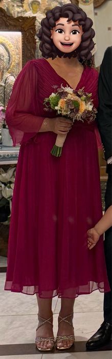 Rochie midi magenta din matase naturala, maneci evazate hand made